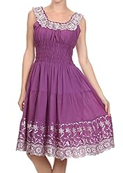 Cotton General Print Shirred Sequined Flowy Embroidered Peasant Dress/Prom Dress 