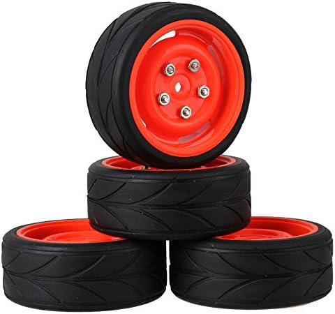 Mxfans 12mm Hex Black Arrow Pattern Rubber Tyres Tires &amp; Red Plastic Wheel Rims with Screws for RC 1:10 On Road Racing Car Pack Of 4