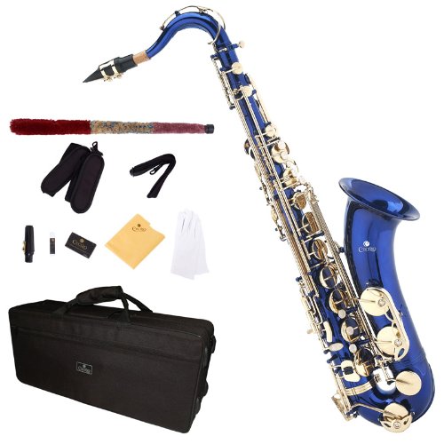 Cecilio 2Series TS-280BL Blue Lacquered B Flat Tenor Saxophone + Case, Mouthpiece, 11 Reeds, & More