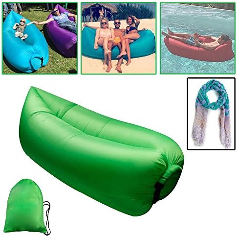 Inflatable Beach Lounger, 4 Stones Nylon Fabric Inflatable Sleeping Bags Outdoor Indoor Convenient Compression Air Bag Hangout Bean Bag Portable Chair Mattresses (Green)