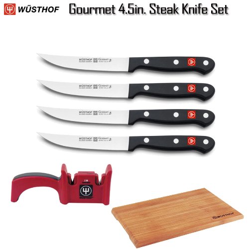 Wusthof 9729 Four Piece Gourmet 4.5in. Steak Knife Set, Sharpener And Cutting Board Bundle