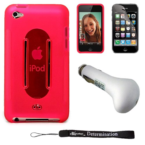 Premium TPU Skin with 14-inch adjustable removable Armband for Apple iPod Touch 4 ( Compatible with all Models, 8 GB 32 GB and 64 GB) + Includes an eBigValue (TM) Determination Hand Strap KeyChain + Includes Anti Glare screen protector, Protects against s