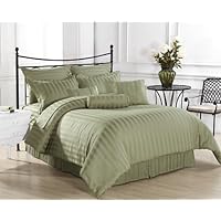 Royal Calico 7pc Comforter set Damask Stripe 100% Cotton 350 Thread Count Green, Light Green Comforter set - QUEEN Size Bedding