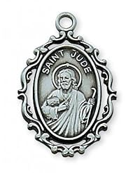 Antique Silver Pewter St. Saint Jude Medal Pendant 1" X 5/8" Ladies Large Ornate Saint w/18" Chain Necklace & Velvet Gift Box