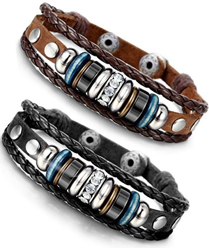 Besteel Vintage Genuine Leather Bracelet for Men CZ Brown Adjustable Bangle Braided Bracelet, 7.3-8.5 inches