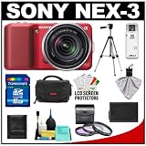 Sony Alpha NEX-3 Digital Camera Body & E 18-55mm OSS Compact Interchangeable Lens (Red) with 16GB Card + Battery + Case + Tripod + Accessory Kit
