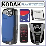 Kodak PlaySport Zx3 HD Waterproof Pocket Video Camera in Blue + Accessory Kit