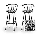 2 Black and White Beatles Fabric Black Swivel Barstools