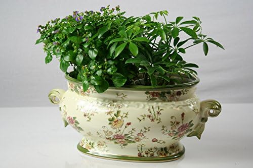 Red Floral Design Flower Pot, Oval Shape Green