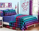 Colorful Rainbow Plaid Reversible Teen Girls Full Comforter Set (8 Piece Bed In A Bag)
