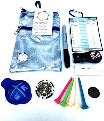 8 Piece Golf Kit: Golf Pouch + Accessories. Perfect Gift or Golf Starter Kit - Blue or Pink Trim