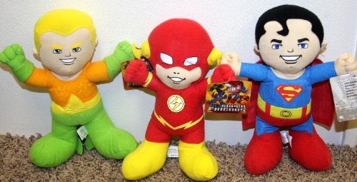  Justice League Warner Brothers DC Comic Super Hero Set with Baby Flash, Aquaman, and Superman 10" Plush Dolls Mint with Tag