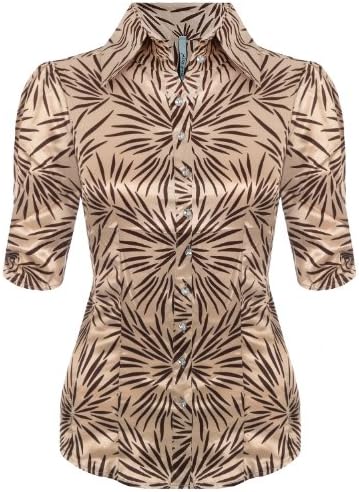Miss Posh Womens Silk Buttoned Short Sleeve Shirt Blouse Top - Gold/Brown - S