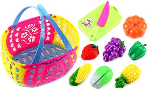 Supermarket Groceries Basket Pretend Cutting Toy Food Play Set w/ Basket, Dummy Knife, Cutting Board, Assorted Toy Fruit &amp; Vegetables