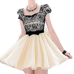 Junior  Lace Short Sleeves Bubble Dress Above the Knee Mini Dress  With a Bow(s)