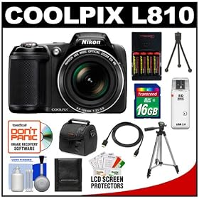 Nikon Coolpix L810 Digital Camera (Black) with 16GB Card + Batteries & Charger + Case + Tripod + HDMI Cable + Accessory Kit