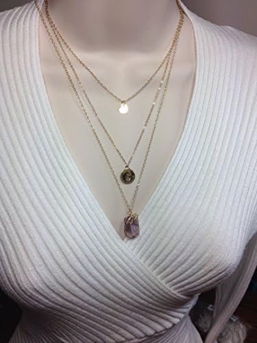 Set of 3 Necklace Layered and Long Necklace 14k Gold Filled Raw Gemstone Pendant-Disc Coin Herat Coin