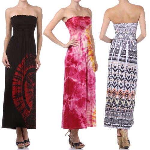 Cheap Multi Color Printed Strapless Long Maxi Sexy Summer Dress