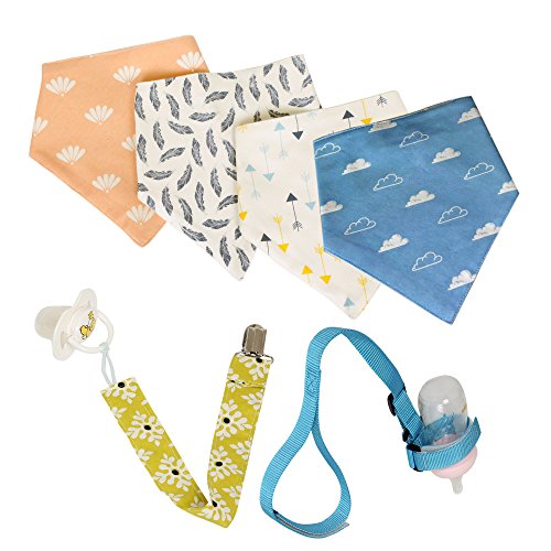 ilovebaby Baby Gift Set with 4 Unisex Bandana Made of Absorbent Cotton Cute Baby Accessories Baby Bibs ，Drool Bibs with 1 Pacifier Clip & 1 Bottle Strap Baby Bibs ，Drool Bibs