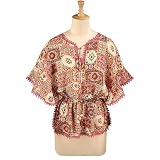 Beige Purple Viscose Cotton Patchwork Print Lace Trim Tunic (Petite, Tall & Misses Sizes XS-3X)