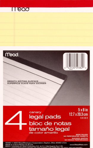 Mead Canary Junior Legal Pads, 5 x 8 Inch, 4 Pack 50 Sheets (59382)