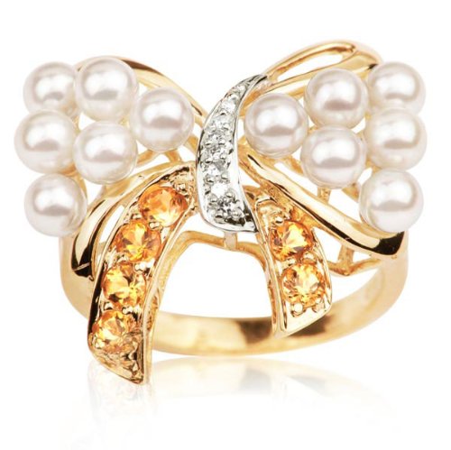 10k Yellow Gold, Pearl, 0.34 ctw Citrine and Diamond Delicate Bow Fashion Ring