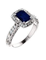 18K White Gold 7.00x5.00mm Emerald Cut Sapphire and Diamond Ring -- LIFETIME WARRANTY