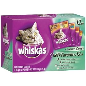 Whiskas Choice Cuts Chef's Favorites Variety Pack (Tuna, Turkey, Chicken, Beef) Food for Cats & Kittens,  2.25 lb. Pack 4 Count