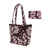 Belvah Quilted Damask Tote Bag with Matching Zip-around Wallet- Pink/Brown (15x12x4.5)