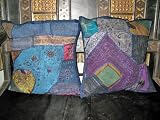 2 Dark Mid Night Blue Border With Gujrati Embroidered Sari Toss Pillow Cushion Covers Free Shipping