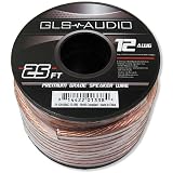 GLS Audio Premium 12 Gauge 25 Feet Speaker Wire - True 12AWG Speaker Cable 25ft Clear Jacket - High Quality 25' Spool Roll 12G 12/2 Bulk