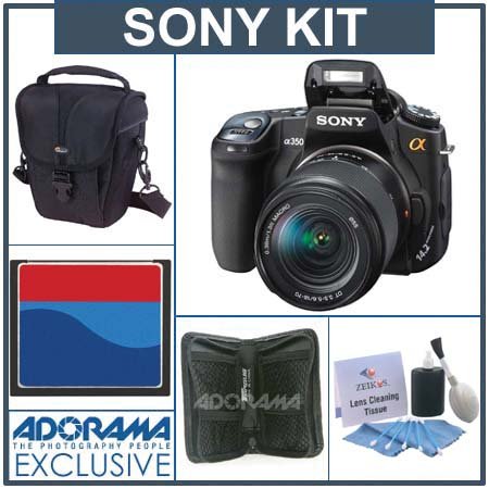 Sony Alpha DSLR-A350 Digital SLR Camera with 18 - 70mm Lens Kit,with 4GB CF Memory Card, Lowepro Holster-Style Case, Digital Memory Case (4). Professional Lens Cleaning Kit