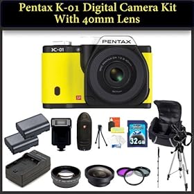 Pentax K-01 Digital Camera Kit with 40mm Lens. Package Includes: Pentax K01 with 40mm Lens(Yellow), 0.45X Wide Angle Lens, 2X Telephoto Lens, 3 Piece Filter Kit(UV-CPL-FLD), 32GB Memory CArd, 2 Extended Life Replacement Batteries and More..!