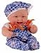 Olenka Baby Doll [ Baby doll Olenka is soft, pleasant to touch and her legs, feet and head are all movable. Olenka may sit in a stroller or at her tiny table in a tiny chair, or lay on a bed. Her eyes are made from transparent plastic. Her furnish is simple, with a hook and loop fastener so you can remove and wash it. Her bonnet has lace trim. The color and pattern of the dress depend on the set (it may be dogs or daisies). An anatomically correct doll]