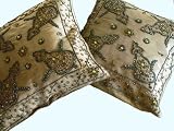 2 INDIAN BEADED TOSS THROW SARI PILLOWS CUSHION CASES