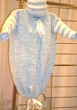 Review   / Knitted on Hand Knitting Machine Blue Chenille New Born Boys Bunting Hat Set Sleeves and Hat Are with Four Stripes. With White Chenille