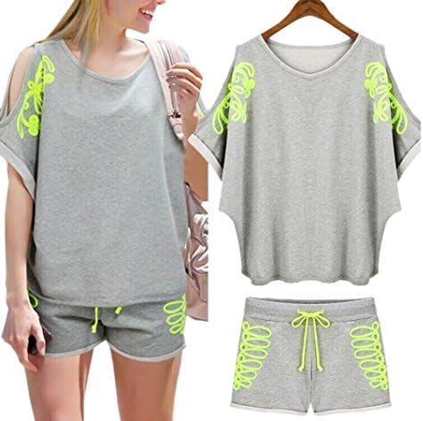 Women's Two Pieces Tracksuit Off Shoulder T-shirt and Shorts (XXL)