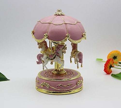 Tian Qin WY Luxury Carousel Horse Rotating Music Box with Color Change LED Light Play the Castle in the Sky Tune (pink+gold)