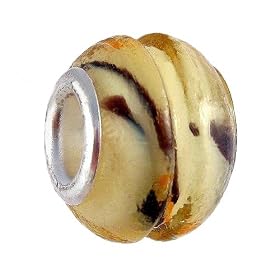 Pandora Style Charm Bead (Z313) Murano Style Glass (13mm x 10mm) (fits Troll too) ~ Cream with Black and Orange Stripes