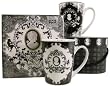 Ornate Cameo Decorative Black White Napkins and Mug Gift set 2 Tall Porcelain Mugs in Carrying Case