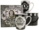 Ornate Cameo Decorative Black White Napkins and Mug Gift set 2 Tall Porcelain Mugs in Carrying Case