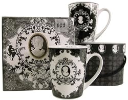 Ornate Cameo Decorative Black White Napkins and Mug Gift set 2 Tall Porcelain Mugs in Carrying Case