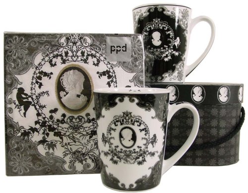 Ornate Cameo Decorative Black White Napkins and Mug Gift set 2 Tall Porcelain Mugs in Carrying Case