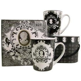 Ornate Cameo Decorative Black White Napkins and Mug Gift set 2 Tall Porcelain Mugs in Carrying Case by PPD