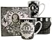 Ornate Cameo Decorative Black White Napkins and Mug Gift set 2 Tall Porcelain Mugs in Carrying Case