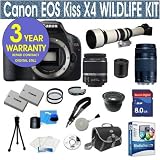 Canon EOS KissX4 (European model:Canon Rebel T2i) 18 MP Digital SLR Camera with Canon EF-S 18-55mm f/3.5-5.6 IS SLR Lens + Canon EF 75-300mm f/4-5.6 III Telephoto Zoom Lens + 650-1300mm Super Telephoto Lens+ T-Mount 2x Lens + .40 Super Wide Angle Figheye Lens + 8 Gig Memory Card + Camera Bag + Extra Battery + 50 Tripod with Case + Shoulder Strap + Screen Protectors + 5 Pc Maintence Kit + Corel MediaOne Editing Software + 2 UV Filters + 1 CPL Filter + 3 Year Celltime Warranty Repair Package