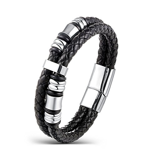 Areke Men Women Wide Braided Leather Bracelet Bangle Rope Stainless Steel Magnetic Clasp 7.5-8.5 Inch Item Length 8.0inch