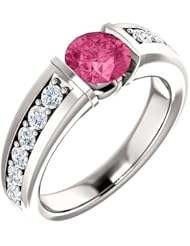 14K White Gold 6.00mm Round Cut Pink Tourmaline and Diamond Ring -- LIFETIME WARRANTY