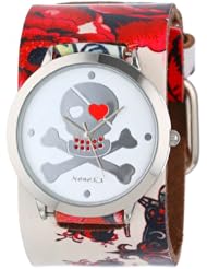 Nemesis Womens 310-821R Heart Skull Collection Flower Tattoo inspired Leather Band Watch