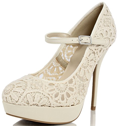 Wild Diva Women's Sonny Flower Crochet Lace Round Toe Platform High Heels, Beige, 8.5 M US